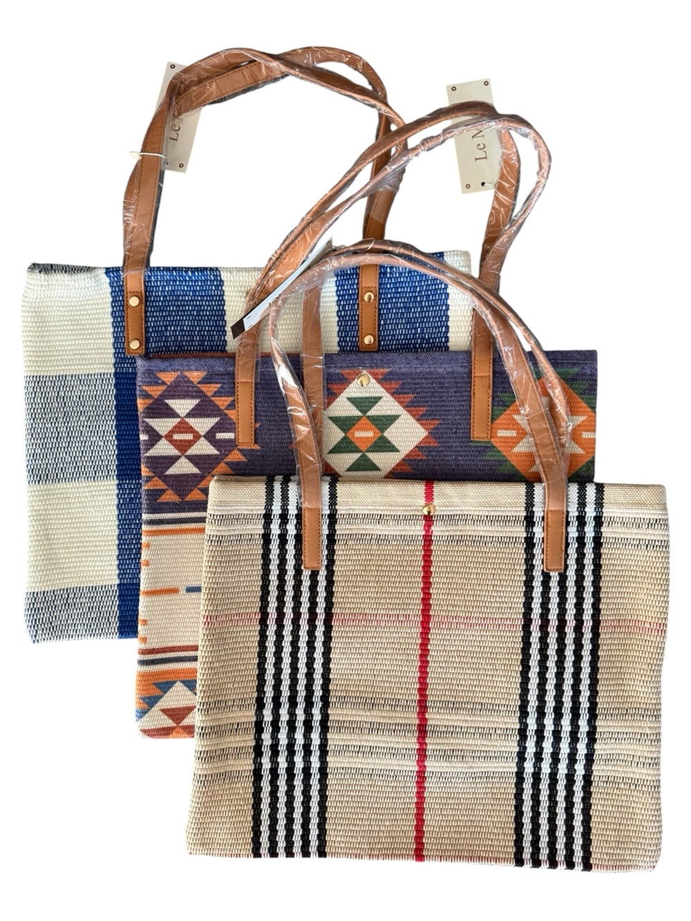 3 Woven Patterned Tote Bags New Cloth Woven Snap Closure - Multi Patterns